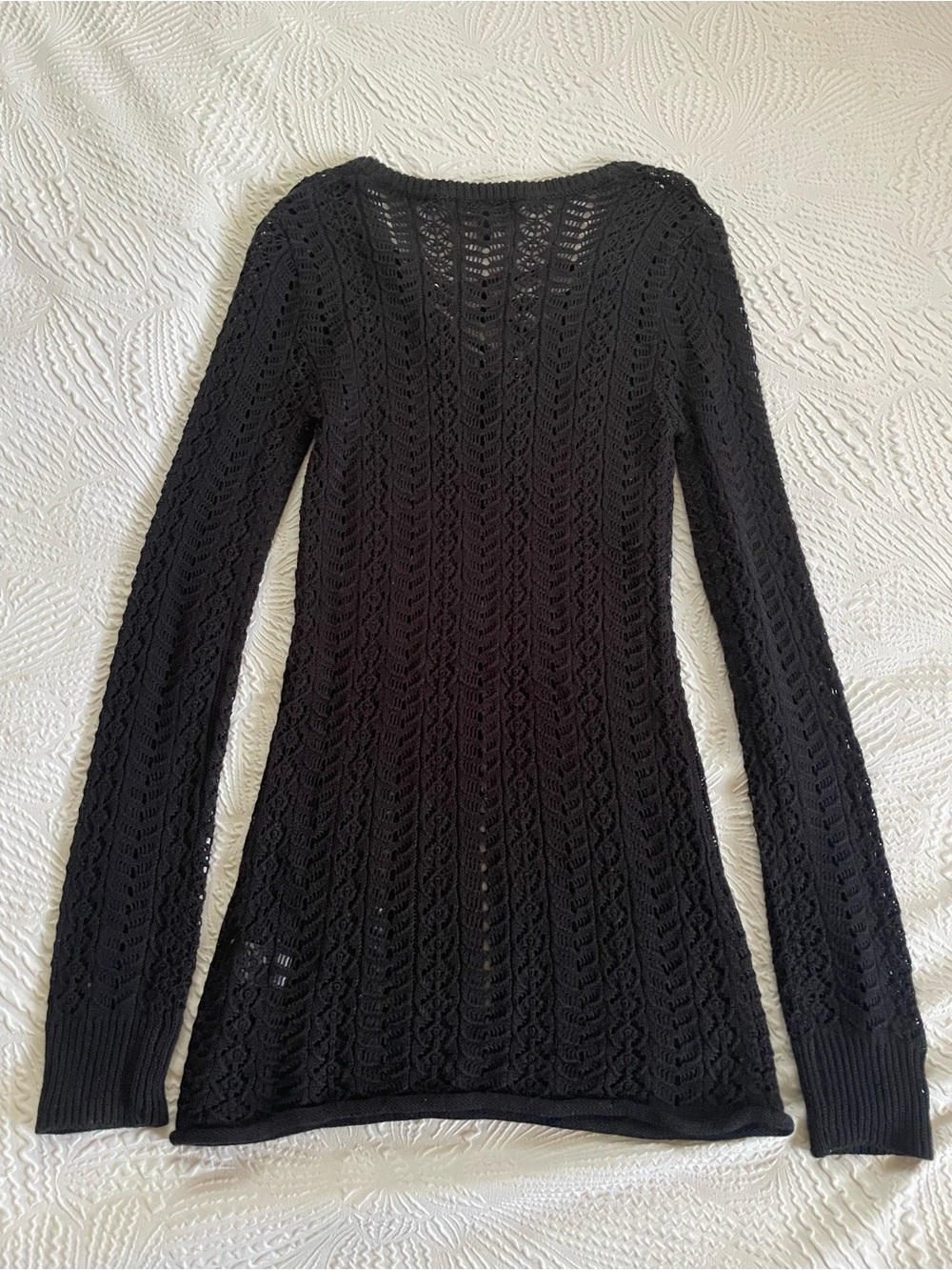 Black Knit Mesh Coverup Crochet Lace-Up V-Neck Sweater - Picture 2 of 4
